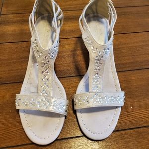 Platinum jeweled T-strap wedge. New York Transit